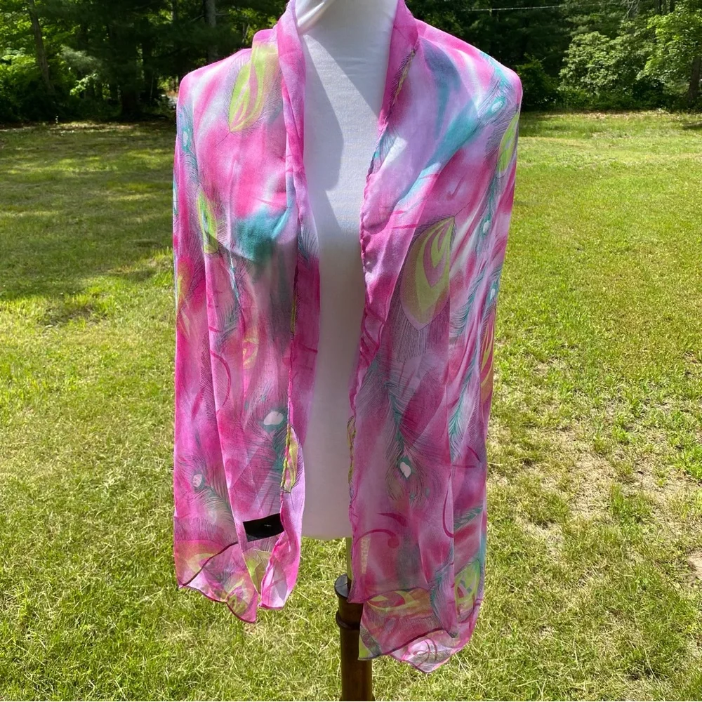 APEXX COLLECTION NEW SCARF PINK GREEN BLACK PEACOCK FEATHERS NWT WRAP RECTANGLE
